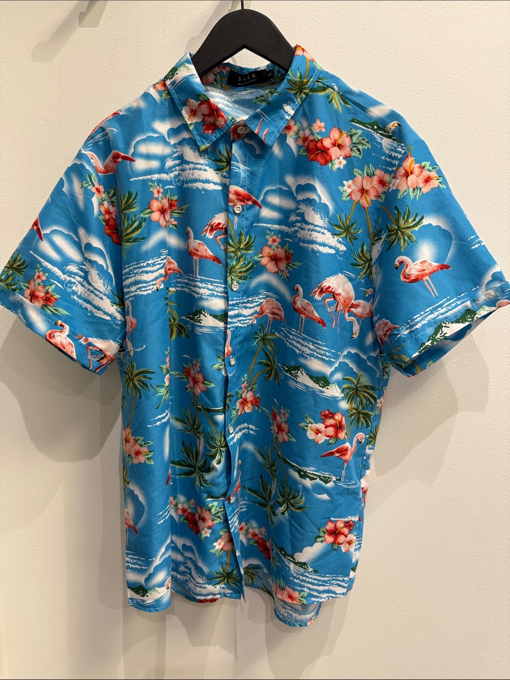 SSLR  Flamingo Print Button-Up Shirt - Blue